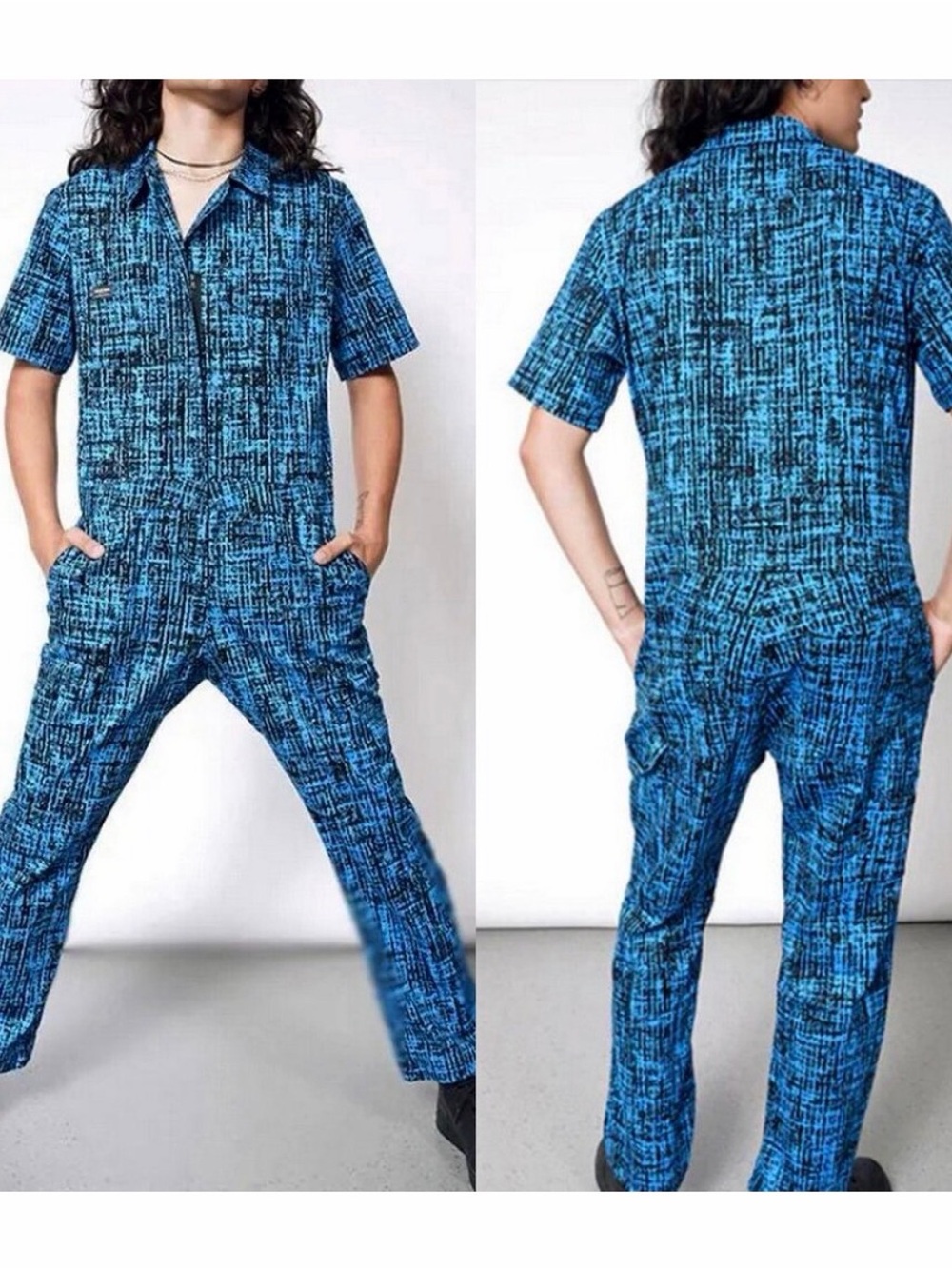 NWT Wildfang Essential Short Sleeve Coverall in Blue Print Black